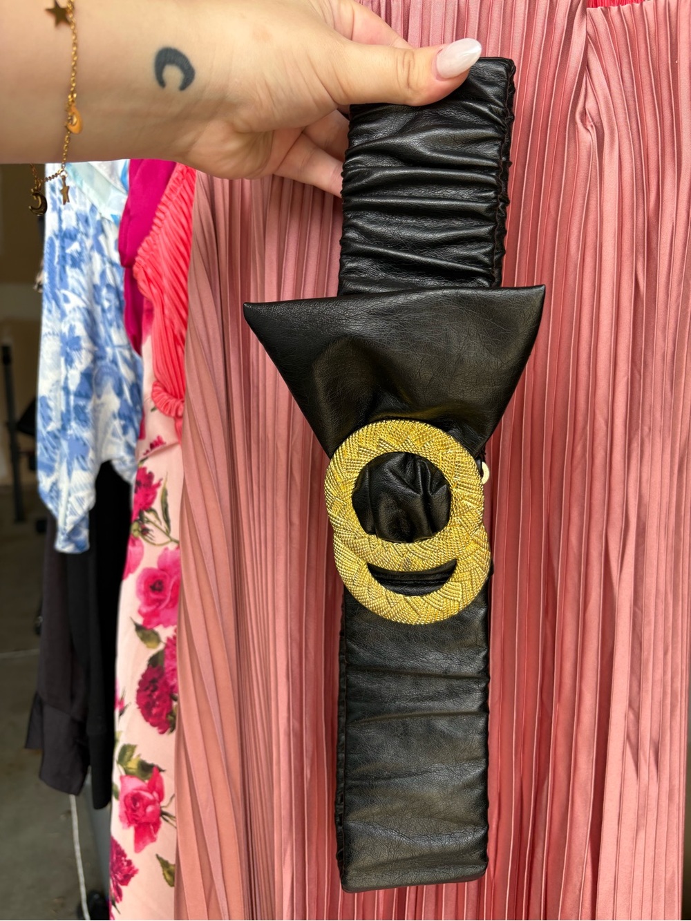 Black Leather Belt with Gold Rope Buckle